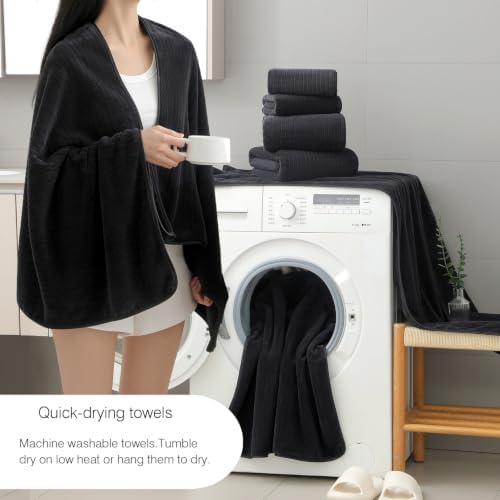 18 Piece Family Bath Towel Set Include 6 Bath Towels,6 Hand Towels and 6 Washcloths Soft Bathroom Towel with Hanging Loops,Highly Absorbent Quick Dry Towels Set for Bathroom,Hotel and Spa-Black