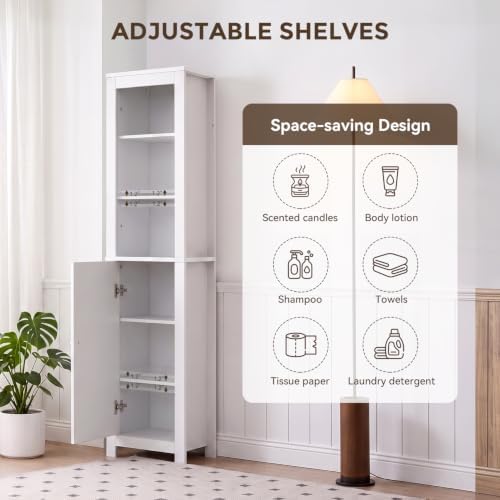 66'' Tall Bathroom Storage Cabinet, Storage Cabinets with Adjustable Shelves & Anti-Tip Design Floor Narrow Cabinet for Bathroom, Living Room, Entryway, Kitchen White