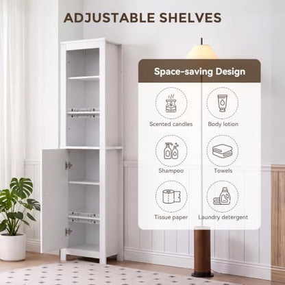 66'' Tall Bathroom Storage Cabinet, Storage Cabinets with Adjustable Shelves & Anti-Tip Design Floor Narrow Cabinet for Bathroom, Living Room, Entryway, Kitchen White