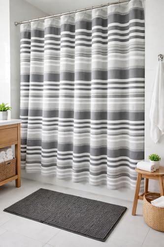 Serafina Home Charcoal Grey & White Modern Cotton Fabric Shower Curtain,
