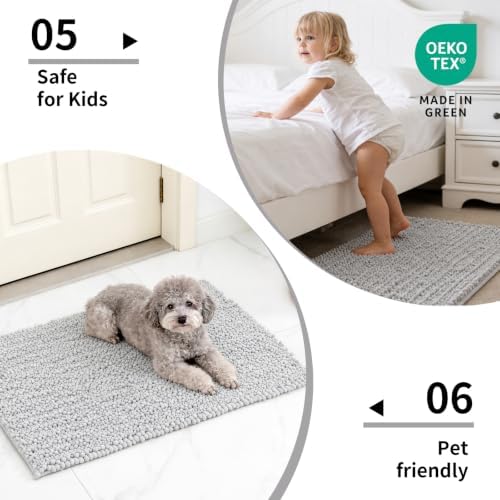 Disolla Silver Bathroom Rug 24x44 Inch - Thick Chenille Bath Mat, Large Shaggy Plush Absorbent Rug, Non-Slip Machine Washable Floor Mat for Double Vanity