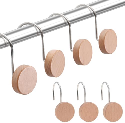 Wood Shower Curtain Hooks Rust Proof, Boho Shower Curtain Hooks Decorative, 12 Pack Shower Hooks for Shower Curtain, Shower Curtain Hangers Hooks (Wood,12)