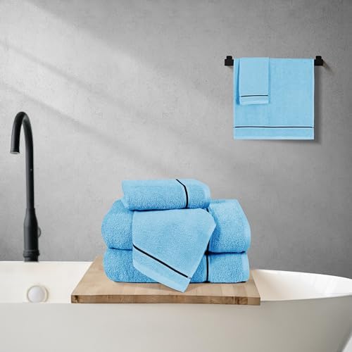 MyOwn Ultra Soft 6 Pack Cotton Towel Set, Contains 2 Bath Towels 28x55 inch, 2 Hand Towels 16x24 inch & 2 Wash Coths 12x12 inch, Ideal Everyday use, Compact & Lightweight - Sky Blue