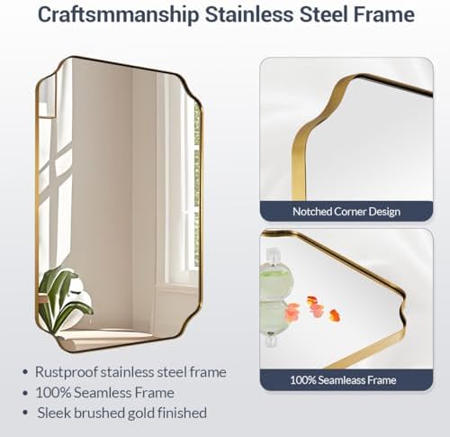 MIRRORART Brushed Gold Mirror 24x40'', Oblong Brass Scalloped Mirrors for Bathroom, Rounded Notched Corner Rectangle Mirror in 1’’ Stainless Steel Metal Frame Hang Vertical/Horizontal for Home Remodel