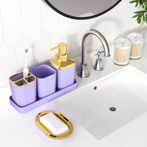 XLHOMO Bathroom Accessories Set - 25PC Bathroom Set with Shower Curtain and Rugs, Purple Bathroom Set, Bathroom Accessory Set with Press-on Lid Trash Can, Soap Dispenser and Qtip Holders for Home