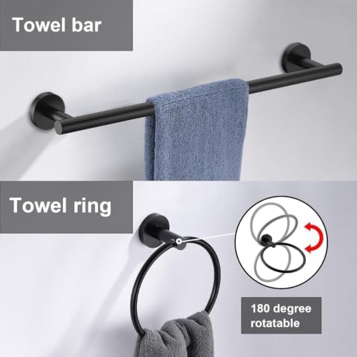 5 Pieces Matte Black Bathroom Hardware Accessories Set,24 Inch SUS304 Stainless Steel Bath Towel Holder Set, Round Bathroom Towel Bar Set, Towel Racks for Bathroom Wall Mounted