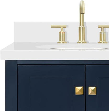 ARIEL Cambridge 60-inch Bathroom Vanity with Sink,Solid Wood, 1.5-inch Pure White Quartz Countertop & Backsplash, Double Oval Porcelain Sink, 4 Soft Closing Doors, 6 Dovetail Drawers, Midnight Blue