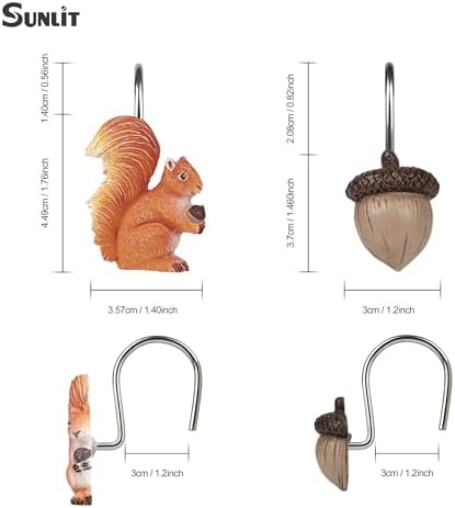 Sunlit Fall Autumn Decorative Shower Curtain Hooks, Squirrel Acorn Shower Curtain Rings, Resin, Orange Brown Cute Bathroom Curtain Hangers Decoration, Set of 12