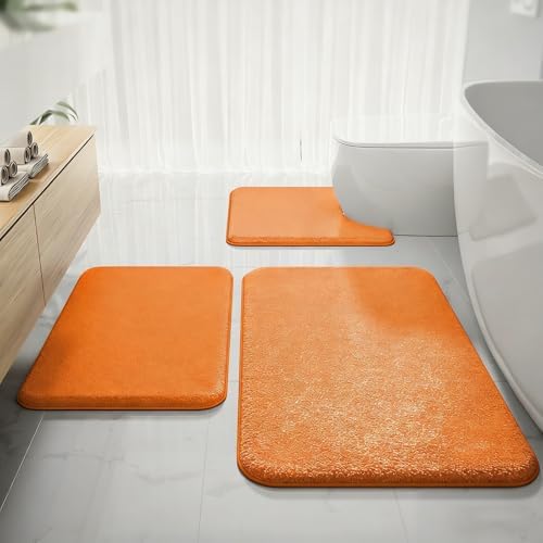 Orange Memory Foam Bath Mat Set Extra Soft Bathroom Rugs 3 Piece Non Slip Absorbent & Dry Living Mat Sets Washable Bath Carpets with Toilet Rug,Bath Rugs for Bathroom,Tub,Shower,Kitchen,Bedroom