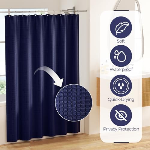 Navy Blue Bathroom Accessories Set, Bathroom Set with Shower Curtain and Rugs, Trash Can, Toilet Brush with Holder, Soap Dispenser, Toothbrush and Toothpaste Holder, Cup, Soap Dish, Qtip Holders