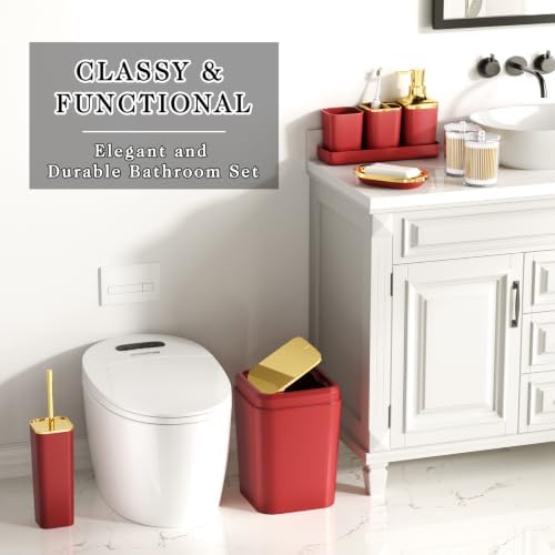 XLHOMO Bathroom Accessories Set - 25PC Bathroom Set with Shower Curtain and Rugs, Burgundy Bathroom Set, Bathroom Accessory Set with Press-on Lid Trash Can, Soap Dispenser and Qtip Holders