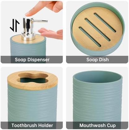 RRM 4 Piece Bamboo Bathroom Accessories Set, Boho Bathroom Decor, Aqua