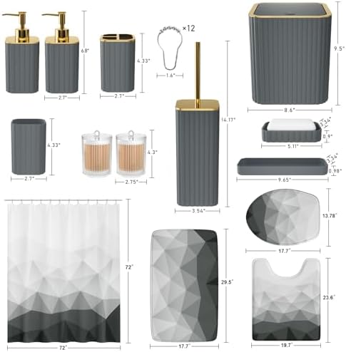 XLHOMO Bathroom Accessory Set - 26PC Bathroom Shower Curtain and Rug Set, Bathroom Accessories Set, Grey Bathroom Set with Trash Can, Toilet Brush, Qtip Holder & Soap Dispenser