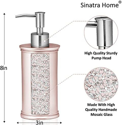 Zahari Home 4pc Sinatra Stylish Bathroom Accessories Set Liquid Soap Dispenser, Tumbler, Tooth Brush Holder and Soap Dish Modern Classic Luxury Decor Bling Mosaic Glass Blush Bathroom Accessories