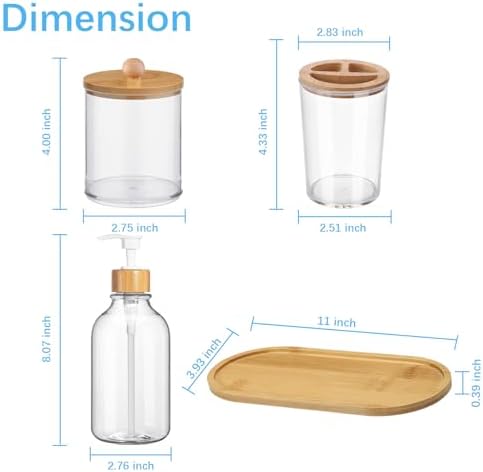 5 Pack Bamboo Bathroom Accessories Set with Tray - Plastic Soap Dispenser Clear Toothbrush Holder and 2 Qtip Holder Cotton Ball Container Jar