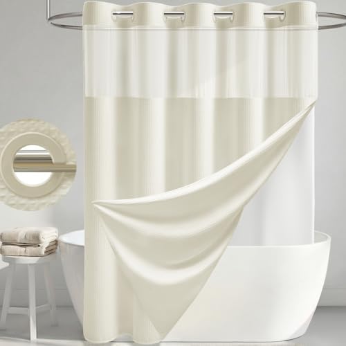 Dynamene Cream Hook Free Waffle Shower Curtain & Snap-in Fabric Liner,72x75