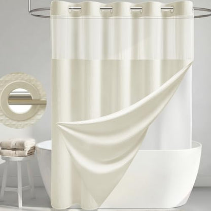 Dynamene Cream Hook Free Waffle Shower Curtain & Snap-in Fabric Liner,72x75