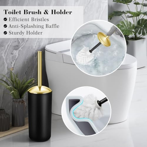 Black Bathroom Accessories Set, 22Pcs Bathroom Sets with Shower Curtain and Rugs, Bathroom Accessories Sets Complete with Trash Can, Non-Slip Bathroom Rugs, Super Absorbent, Black Gold