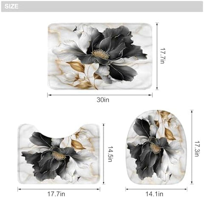 Black Gold Floral Abstract 4Pcs Bathroom Shower Curtain Set with Rugs