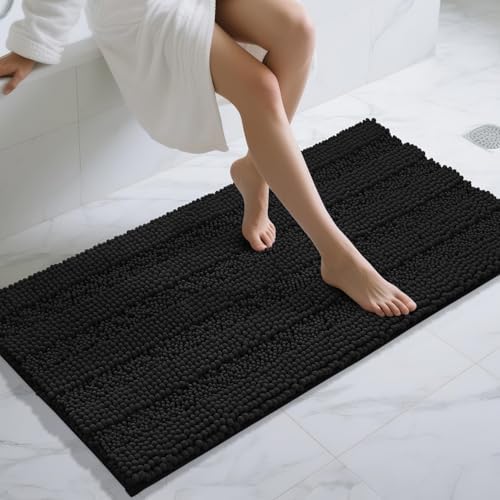 Yimobra Bathroom Rug Mat 47 x 24, Non Slip and Super Absorbent Bath Mat,Machine Washable Quick Dry,Ultra Plush Chenille Shower Rugs for Bathroom Floor Sink Tub and Shower Outside,Black