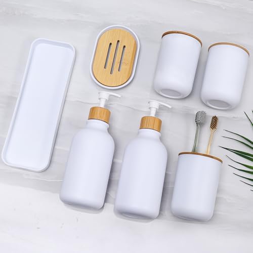 Matte White Bathroom Accessories Set 7 Pcs,Bamboo Bathroom Accessories Sets,White Soap Dispenser and Toothbrush Holder Set,Qtip Holder,Vanity Tray,Soap Dish,Modern Bathroom Decor