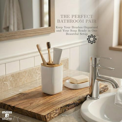 Moss & Stone 6-Pcs White & Bamboo Bathroom Accessories Set, Soap Dispenser