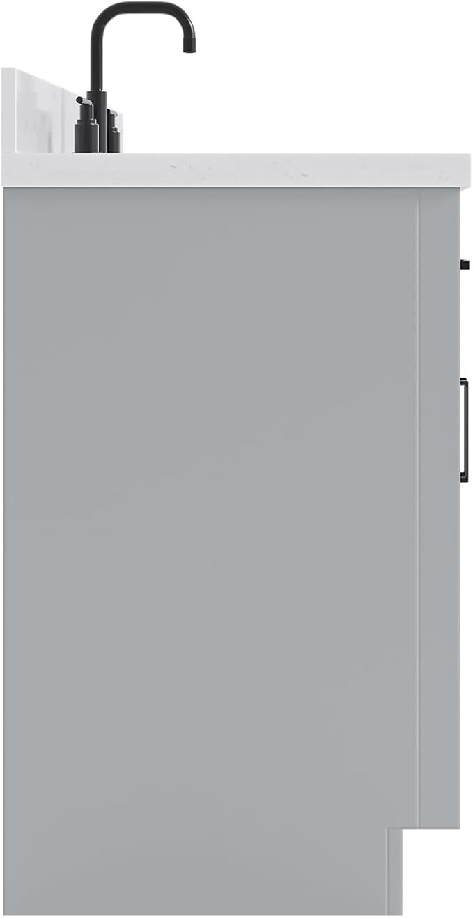ARIEL Hepburn 60-inch Bathroom Vanity with Sink,Solid Wood, 1.5-inch Carrara White Quartz Countertop & Backsplash, Single Rectangular Porcelain Sink, 2 Soft Closing Doors, 9 Dovetail Drawers, Grey