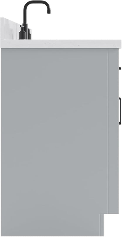 ARIEL Hepburn 60-inch Bathroom Vanity with Sink,Solid Wood, 1.5-inch Carrara White Quartz Countertop & Backsplash, Single Rectangular Porcelain Sink, 2 Soft Closing Doors, 9 Dovetail Drawers, Grey