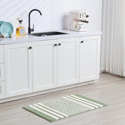 CozeCube Sage Green Striped 32"x20" Non Slip Washable Bath Mat