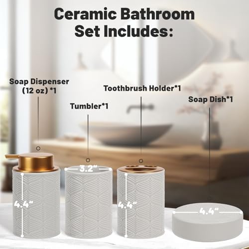 Kukikan Ceramic Bathroom Accessories Set, 4 Pcs-Includes Lotion Soap Dispenser, Toothbrush Holder, Vanity Tray, and Tumbler, Modern Bathroom Decor Organizer with Soap Dish, Apothecary Jar, Grey Color
