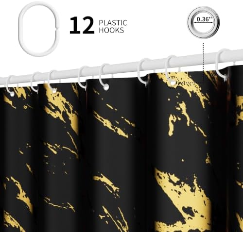 Black and Gold Shower Curtain 72 x 78 Inch, Extra Long Black Marble Shower Curtain, Modern Fabric Shower Curtains for Bathroom, Water Resistant Bath Curtain Set with Hooks, Black Gold Texture