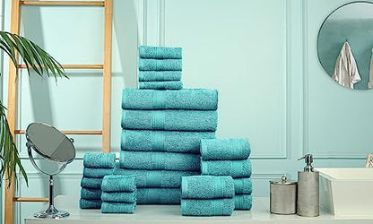 HILLFAIR 100% Cotton 24 Piece Bath Towels Set for Bathroom- Sea Green