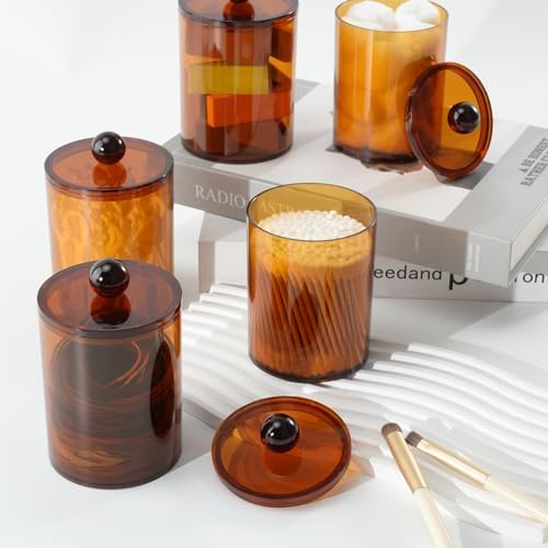 2 Pcs Acrylic Qtip Holder, Cotton Ball Holder Jars with Lids, Brown