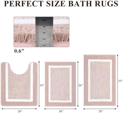 Pauwer 3 Piece Bathroom Rug Set, Non Slip Washable Bath Mat, Dusty Pink