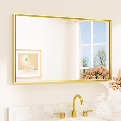 TETOTE Brushed Gold Vanity Mirror for Bathroom 40" x 24" Brushed Brass Rectangle Beveled Framed Bathroom Wall Mirror for Over Sink, Tempered Glass, Modern Farmhouse Bedroom, Entryway, Living Room