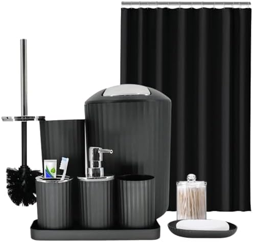 Black Bathroom Accessories Set, 10Pcs Bathroom Accessory Sets Complete with Trash Can, Shower Curtain, Vanity Tray, Soap Dispenser, Soap Dish, Toothbrush Holder&Cup, Toilet Brush&Holder, Qtip Holder