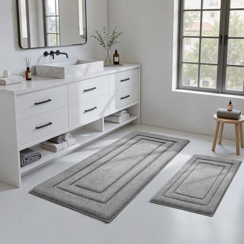 HOMEIDEAS Bathroom Rugs Sets 2 Piece, Soft Extra Long Bath Mat Grey