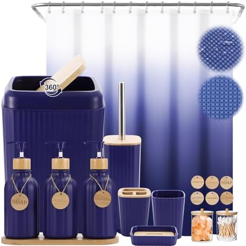 XLHOMO 30PCS Navy Blue Bathroom Accessories Set with Waffle Shower Curtain,Trash Can,3PCS Lotion Soap Dispenser, Toothbrush Holder, Soap Dish,Tumbler Cup,6PCS Wood Tags Bath Accessories with Tray