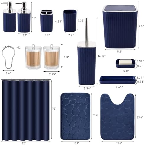 XLHOMO Bathroom Set with Shower Curtain and Rugs- 25PC Bathroom Accessory Set, Navy Blue Shower Curtain Set, Toilet Brush, Trash Can, Qtip Holder & Soap Dispenser