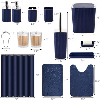 XLHOMO Bathroom Set with Shower Curtain and Rugs- 25PC Bathroom Accessory Set, Navy Blue Shower Curtain Set, Toilet Brush, Trash Can, Qtip Holder & Soap Dispenser
