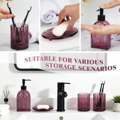 Bathroom Accessories Set, 4Pcs Glass Bathroom Accessories Set Complete, 13.5OZ Lotion Soap Dispenser, Toothbrush Holder, Mouthwash Cup, Soap Dish for Bathroom Decor, Countertop Organizer (Purple)