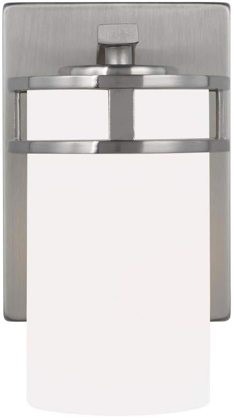 Generation Lighting 4121601-962 Robie Etched/White Glass Cylinder Wall Sconce Lighting Fixture, 1-Light 75 Watt, 8 Inch H x 5 Inch W, Brushed Nickel, Steel Construction