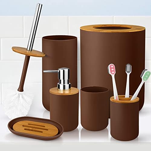 Bathroom Accessory Set, 6 Pcs Bathroom Essential Includes Toothbrush Holder, Toilet Brush with Soap Dispenser, Toothbrush Cup, Soap Dish, Trash Can (Brown, Bamboo)
