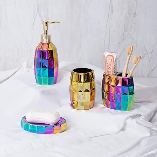 Rainbow Bathroom Accessory Set, Colorful/Gold Mosaic Ceramic Bathroom Accessories Sets Includes Lotion Dispenser, Toothbrush Holder Tumbler, and Soap Dish