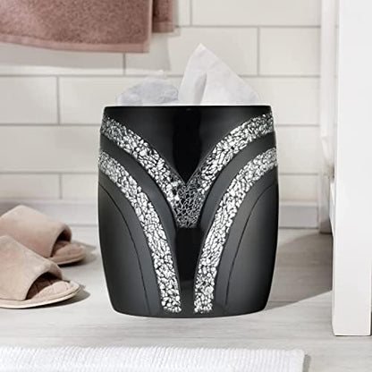 Zahari Home 2pc Sinatra Black Modern Bath Accessories Set Waste Basket & Tissue Box Modern Decorative Beautiful Designs Bathroom Decor Set for Home Luxury Bath Set Mosaic Glass