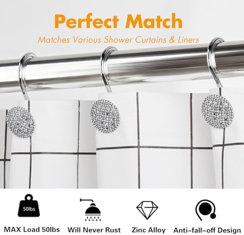 Pearlbee Chrome Shower Curtain Hooks, Round Beaded Design 12Pcs Zinc Alloy