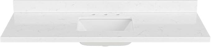 ARIEL 60 inch Bathroom Vanity top with Sink, 1.5 Inch Thick Miter Edge Carrara White Quartz top, Rectangle Single Porcelain Sink, Includes Backsplash