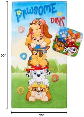 Paw Patrol Kids Bath/Pool/Beach Soft Absorbent Cotton Terry Towel with Washcloth 2 Piece Set, 50 in x 25 in, (Officially Licensed Product) by Franco