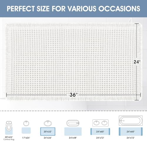 ACCUMTEK Upgraded Waffle Bath Mat, 36"x24" White, Super Absorbent Non-Slip Quick Dry Bathroom Rugs with Tassels, Machine Washable Ultra Soft Boho Bath Rugs for Floor, Toilet Mats Boho Farmhouse Decor