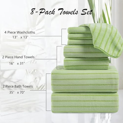 8 Pcs Grass Green Cabana Stripe Large Bath Towel Set - 2 Oversized Bath Sheets, 2 Hand Towels, 4 Washcloths - Soft Jumbo Absorbent Shower Beach Chair Spa Gym Hotel Towels